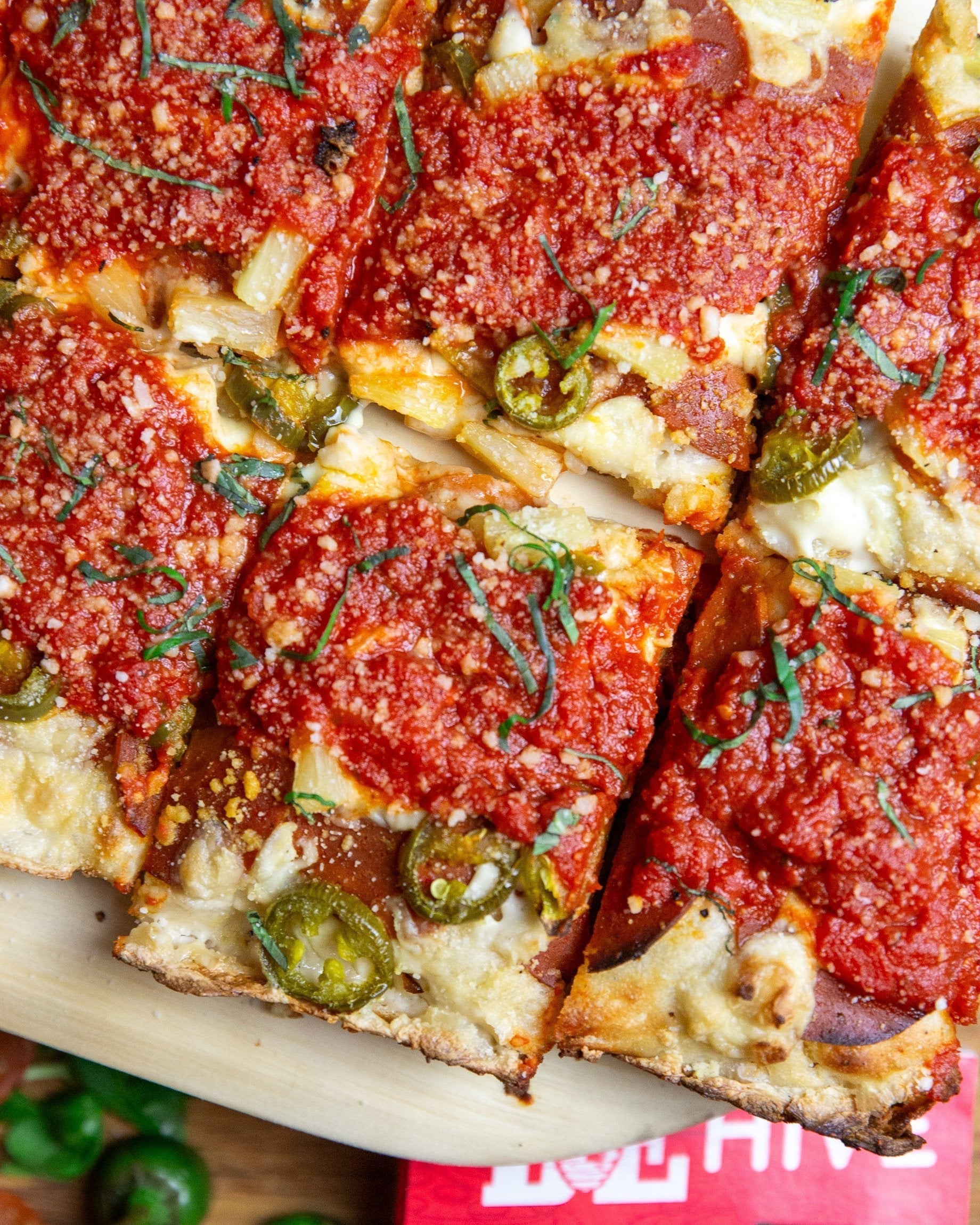 Vegan Detroit Style PJP Pizza - Pepperoni Jalapeno Pineapple