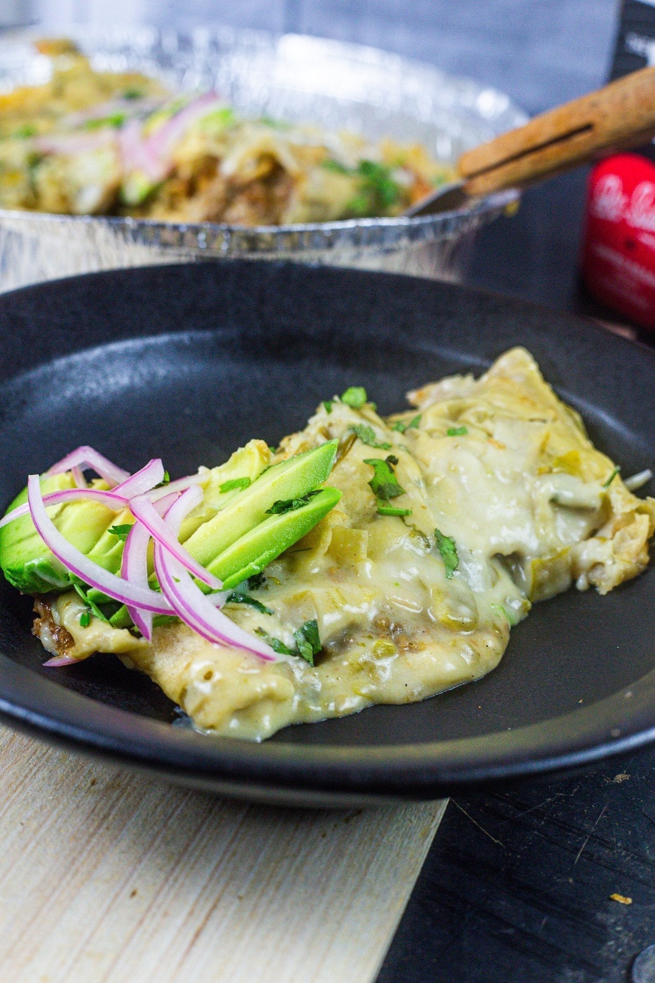 Green Chili BEef Enchiladas w/ Creamy Cilantro Sauce